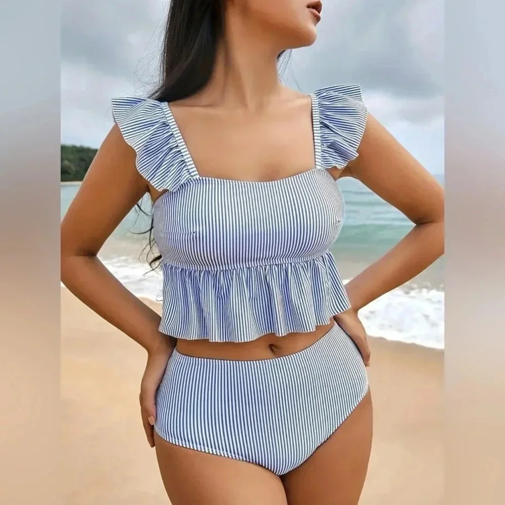 Blue & White Pinstripe Ruffle Two-Piece Bikini Set | High Waist | NWT - Picture 3 of 4